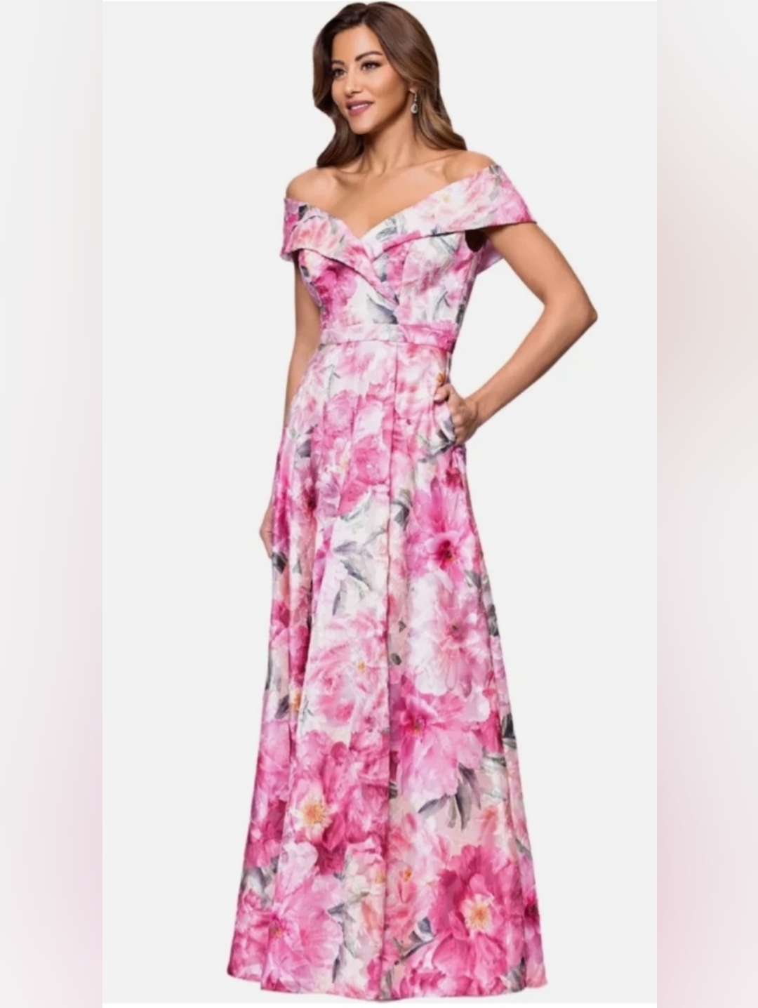 Xscape Pink Floral Off The Shoulder Evening Gown
